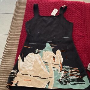 Cider Black Mini Dress with Cream Swan and Teal Accents